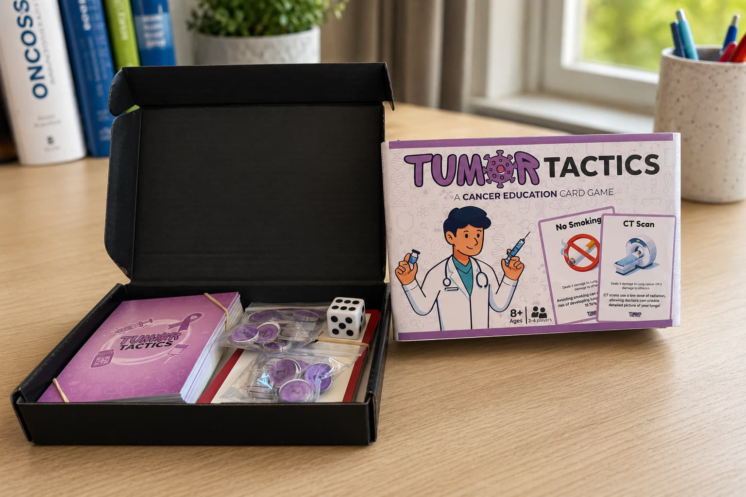 Tumor Tactics game components laid out on a table